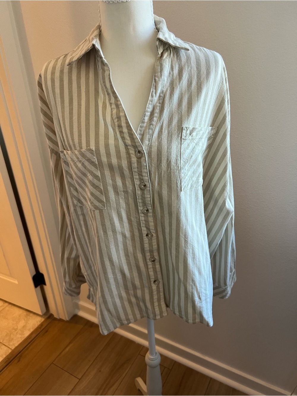 Striped Button-Up Shirt in Beige and White